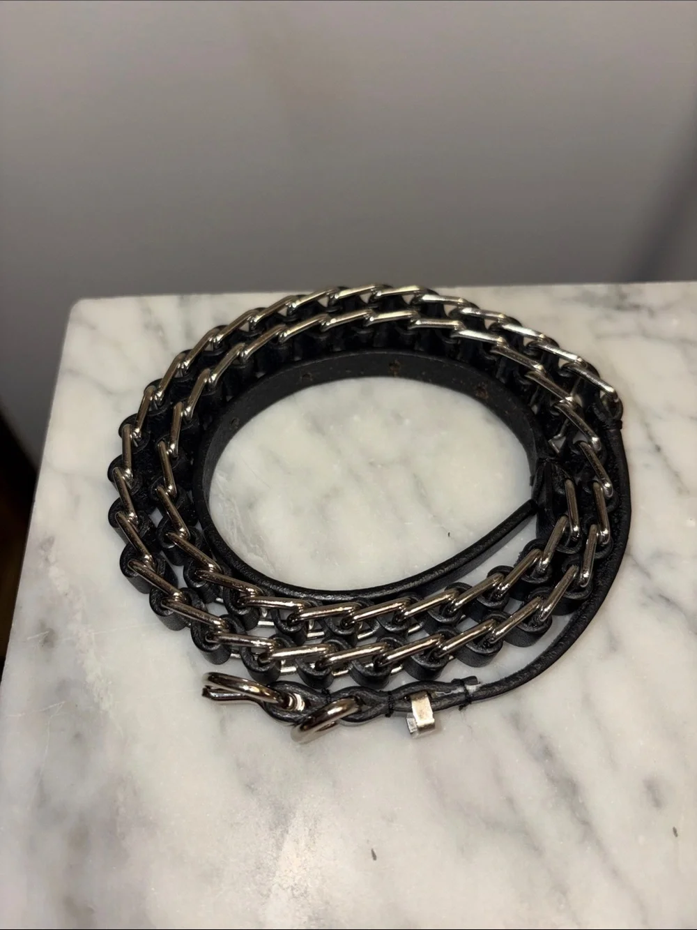 Skinny Black Leather Ladder Weave Chainlink Curb Belt Helmut Lang Diesel Biker